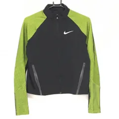 【美品】ナイキ ジャケットブルゾン 黒×ライトグリーン 袖斜めストライプ地模様 ロゴプリント  レディース M ゴルフウェア NIKE