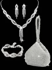 ジュエリー レディース セット 4点セット ラインストーン ジュエリーセット、ネックレス、ピアス、ブレスレット、女性用、ブライダル、ウェディング、スパークリングクリスタルダイヤモンド、ミニかわいいトライアングルデザ