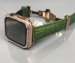 GimelZayinセット Pc　グリーン ローズg アップルウォッチ 高級レザー 本革ベルト クロコダイル  キラキラ　カバー　ケース   4～9 メンズ レディース 40mm 41mm 44mm 45mm Apple Watch バンド