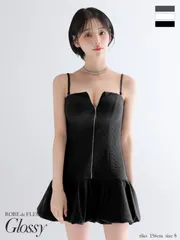 ブラック[GL3385-IV-2508]XSサイズあり【Glossy/グロッシー】センタージップ/ リブ/ バルーン/ フレア/ ミニドレス/ キャバドレス