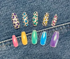 ネイルチップ　ハンドメイド　一点物　ロングバレリーナ　レオパード柄　カラフル　グリッター　アシンメトリー　派手　個性的　海外ネイル好き