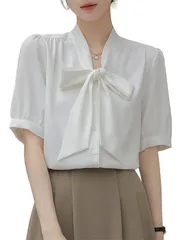 【数量限定】[Lalapala] ブラウス レディース 半袖 リボン シャツ ボウタイブラウス トップス 夏 ゆったり 大きいサイズ きれいめ 爽やか 無地 エレガント おしゃれ 着回し 着痩せ 体型カバー オフィス お出かけ デート 通勤