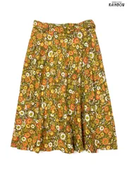 古着 巻きデザイン 花柄 コットン 膝丈 スカート 黄 (btu2505020)