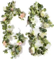 Flatland 造花 ガーランド バラ ダリア ピオニー 180cm 2本 インテリア 壁掛け ウォールフラワー フェイクフラワー 壁飾り 吊り下げ 結婚式(白・ピンク)