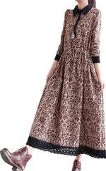 newNE ニューネ 花柄 アラベスク ワンピース レトロ ロング丈 裾レース ウエストマーク かわいい ドレス デザイン 普段着 楽ちん ガールズ ゆったり 長袖(ブラウン,  XL)