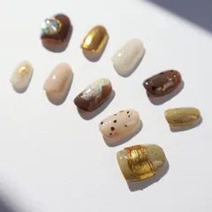 【ネイルチップ】オータムカラー　ニュアンス カジュアルラウンド Mサイズ　ブラウンネイル　ミラー　つぶつぶ　ちぐはぐ　カフェネイル　ぷっくり