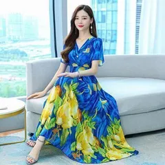 【ブルー花柄★Ｌサイズ】レディース ロングワンピース 半袖　Vネック