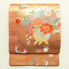 中古 袋帯 六通柄 フォーマル用 正絹 花柄 蝶 箔 橙