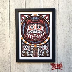 尾九 開運イラスト 商売繁盛 招き猫達磨 福文字 A4サイズ フレーム付き