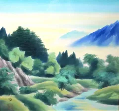 武藤翠秀作　　彩色山水図　　絹本掛け軸　【　山村風景画　】掛け軸 武藤翠秀作 彩色山水図 絹本掛け軸 【 山村風景画 】掛け軸 生じる