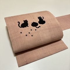 ★美品　名古屋帯　刺繍　猫　紬　正絹★r056