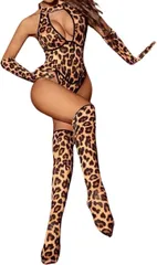 MORApink コスプレ 豹柄 セクシー ハイレグ レオタード キャットスーツ ボディースーツ コスチューム レオパード ボディタイツ ハイネック ストッキング セット 胸空き(ブラウン,  L)