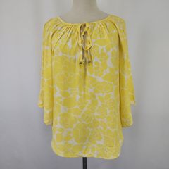 USA製★シルク100％★七分袖 ブラウス/シャツ 【レディースS-M程度/黄/yellow/花柄】shirts/Tops/Blouse◆BJ004-e