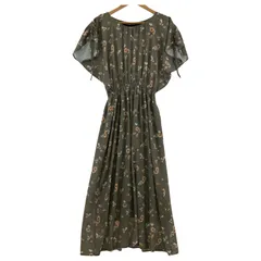 KBF + ケービーエフプラス 花柄 シャーリングスリーブ ロングワンピース sizeOne/オリーブ