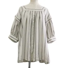 ニコアンド Niko and.. ブラウス シャツ スクエアネック ストライプ リボン 五分袖 L ベージュ 茶 ブラウン