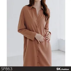 訳あり INGNI イング ワンピース ロング丈 長袖 シャツデザイン フロントボタン ゆったりシルエット 　キャメル　 【SP863-00】 送料無料　古着　レディース