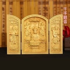 Wooden Buddhist statue, boxwood, triple Kannon statue, Dainichi Nyorai, miniature Buddhist altar, Buddhist altar decoration, good fortune, protection against evil, art, craft, lucky charm, wealth increase, ornament, Thousand-Armed Kannon