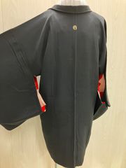 «花ラブ»HOR939BK　紋付羽織　抱き茗荷紋　黒羽織　リユース　リサイクル　黒　ブラック　地模様　菊　きく　波　和装　和柄　和風　和服