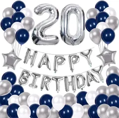 【在庫処分】68枚 20歳 誕生日 飾り付け セット 数字バルーン 組み合わせ 「HAPPY BIRTHDAY」バナー ブルー シルバー 風船 誕生日 デコレーション 男の子 女の子 飾り付け