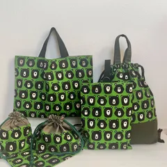 【2025🌸入園入学】クマ君　レッスンバッグ等６点セット　グリーン＆ブラウン