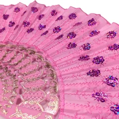 スパンコールと刺繍のゴージャスな扇子 レース地（ピンク×ライトピンク）アバニコ ダンス バレエ キトリ レッスン FA-018-LP