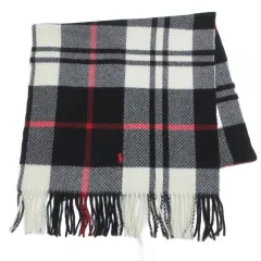 ポロ バイ ラルフローレン Polo by Ralph Lauren マフラー 大判ストール チェック ポニー刺繡 フリンジ 品質タグ欠損 黒 白 赤 X