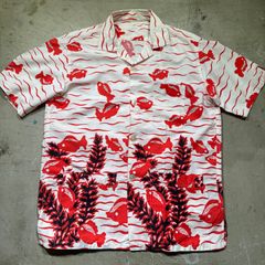 60's~70's コットンビーチシャツ FISH＆SEAWEED柄 L相当