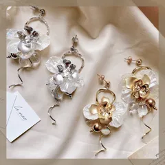 華やか♡《304ステンレス 24KGP 本金メッキ 》 大ぶりメタルフラワー ピアス オーロラ 花びら お花 クリアガラスビーズ パール  マット ゴールド シルバー ボリューミー ウェディング ハンドメイドピアス アレルギー対応 《イヤリング変更可能》