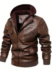 ジャケット ライダースジャケット メンズ レザー バイクジャケット フェイク フード付き パーカー 防風 ブルゾン 大きいサイズ ジャンパー カジュアル アウター フード脱着可 2way おしゃれ アウトドア 防風 中綿入り 春 冬 秋 ブラウン