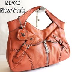 【エレガントステッチ✨】　MAXX マックス ニューヨーク　トートバッグ ハンドバッグ ステッチ ジッパー レザー 革 シルバーロゴ タグ付き A4収納可　オレンジ