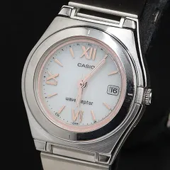 箱付 稼働 良品 カシオ ウェーブセプター LW0-10 電波ソーラー 白文字盤 デイト ラウンド レディース腕時計 OSW 2000000 NSK