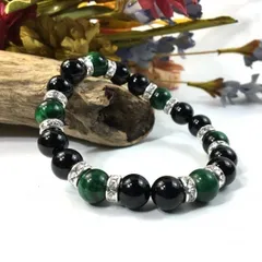 パワーストーン オニキス×グリーンタイガーアイ ブレスレット (シルバー) 10mm メンズ・レディース 魔除け 厄除け 邪気祓い 目標達成   [11]