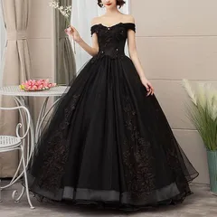 【新品 未使用】2026新作 カラードレス カクテルドレス ロングドレス パーティードレス オフショルダー 発表会 演奏会 結婚式 二次会 ステージドレス プリンセスドレス イブニングドレス 大人 上品 ブラック 黒 レース刺繍 ふんわり 