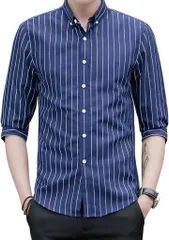 Four leaf スリムシルエット ストライプ シャツ メンズ 7分袖 七分袖 襟付きシャツ ボタンダウン ポリエステル ノンアイロン 薄手 ポケット(ネイビー,  M)