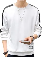 emptio エンプティオ クルーネック カットソー ストリート系 長袖 トレーナー メンズ 丸首 フェイクレイヤード プルオーバー 重ね着風 お洒落服 トップス スウェット リブ袖 ヒップホップ(ピュアホワイト,  M)