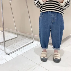 デニムパンツ 130 キッズ サルエルパンツ ロングパンツ ゆったり 長ズボン 女の子 カジュアルパンツ 男の子 ウエストゴム テーパードパンツ おしゃれ