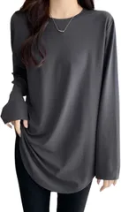 Dep Club 毎日着たいゆるトップス ロンt レディース ゆったり ロンティー カットソー 長袖tシャツ チュニック スポーツ 薄手 無地 オーバーサイズ 速乾 春 秋(ダークグレー,  L)