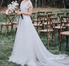 レース ロング トレーン フレンチスリーブ ウェディングドレス