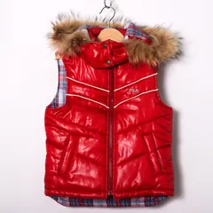 フィラ ダウンベスト ファー付き 中綿入り アウター キッズ 男の子用 130サイズ レッド FILA 【中古】