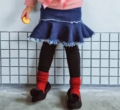 韓国子供服 裏ファーレギンス付きマーメイドデニムスカート 裏起毛レギンス キッズボトムス ウエストゴム ブルー