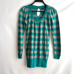 セシルマクビー長袖ボーダーニット薄手カジュアル緑グレーグリーン38