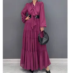 ワンピース Aライン 長袖 レディース マキシ丈 ワンピ リゾートワンピ リゾートワンピース aラインワンピース 通勤 フォーマル ベルト付き 大人 おしゃれ パープル 1299