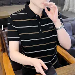 [L ]メンズ ファッション 服 男性用 オシャレ シンプル 大人 かっこいい ストリート シルケット コットン ポロシャツ メンズ ビジネス カジュアル ストライプ 襟付き Tシャツ 夏 綿素材 半袖 トップス