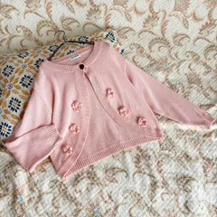 80s ベビーピンク サマーニットカーディガン クロシェお花 昭和レトロヴィンテージ古着