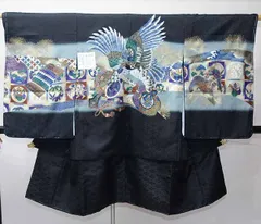 七五三 五歳 男児 羽織・着物・襦袢3点セット 黒地 鷹 綸子地 5歳 五才 5才 祝着 男の子 お仕立て無料 NO41804-2