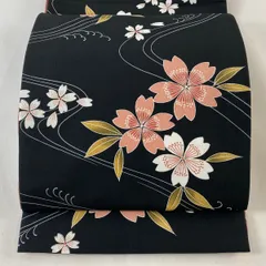 袋名古屋帯 美品 優品 桜 流水 黒 化繊 【中古】