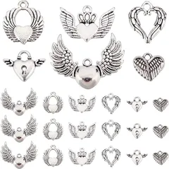 PH PandaHall 天使の羽 チャーム 約84個 6種 ハート型ビーズチャーム ハートの翼チャーム アクセサリーパーツ チャームパーツ ハンドメイド ジュエリー作り デコキット クラフト手芸 手作りハンドメイド DIY飾り物( シルバー)
