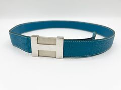 HERMES エルメス Hベルト レディース  レザー ブルージーン プッシュロック式 シルバー金具 85 □I刻印