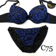 【 Ｃ７５－Ｍ】 ブラ＆ショーツ　ブラセット　ネイビー✕ブラック　花柄レース　2303-029