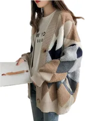 Lilly chocolate ニットカーディガン レディース 秋冬 ざっくりニット ゆるニット ゆるニットカーディガン 厚手 体型カバー 細見え 着やせ 着痩せ ビジネス カジュアル(ベージュ,  Free Size)